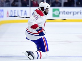 P.K. Subban #76 of the Montreal Canadiens celebrates his goal against the Los Angeles Kings to trail 2-1 during the first period at Staples Center on March 3, 2016 in Los Angeles, California.
