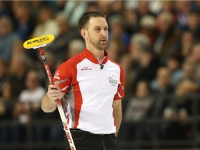 Skip Brad Gushue  of Team Newfoundland and Labrador is somewhat dejected after a bad throw as against Team Northern Ontario in Draw 18 during the Tim Hortons Brier held at TD Place in Ottawa, March 11, 2016. Photo by  Jean Levac