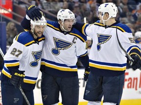 The St. Louis Blues celebrate a goal against the Oilers during NHL action in Edmonton March 16, 2016. Will this be the year the Blues finally end their Stanley Cup drought?