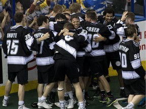Edmonton Rush celebrate their victory over the Toronto Rock for the NLL Champion's Cup on June 5, 2015, at Rexall Place.