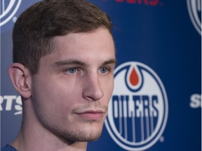 EDMONTON, AB. FEBRUARY 29, 2016 -  Brandon Davidson  of the Edmonton Oilers speaks to media on the NHL Trade deadline day at Rexall Place.  Shaughn Butts / POSTMEDIA NEWS NETWORK