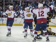 EDMONTON, AB. JANUARY 29, 2016 -  Dario Meyer of the Edmonton Oil Kings celebrates a first period goal against  the Brandon Wheat Kings at Rexall Place in Edmonton.   Photo by Shaughn Butts. POSTMEDIA NETWORK