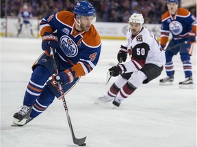 EDMONTON, AB. MARCH 11, 2016 - Taylor Hall of the Edmonton Oilers, crosses the blue line against  the Arizona Coyotes at Rexall Place in Edmonton.