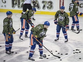 The Edmonton Oilers wore special camo jerseys for their pre-game warmup against the Arizona Coyotes Saturday, March 12, 2016, to mark Military Appreciation night at Rexall Place.