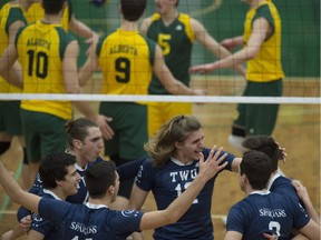 The University of Alberta Golden Bears men's volleyball team bounced back from defeat at the hands of Trinity Western, above, Friday to claim a berth in the CIS finals with a straight-sets victory over Manitoba at the Saville Centre in Edmonton on Saturday, March 5, 2016.
