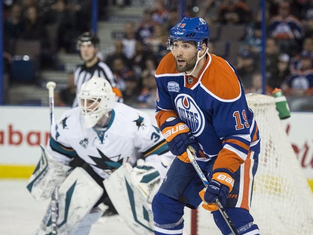 Patrick Maroon of the Edmonton Oilers, against the San Jose Sharks at Rexall Place in Edmonton. 