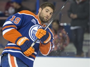 Patrick Maroon of the Edmonton Oilers, against  the San Jose Sharks at Rexall Place in Edmonton.