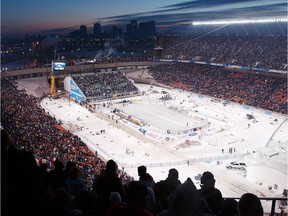 More than 57,000 spectators braved frigid temperatures to watch the inaugural Heritage Classic at Edmonton's Commonwealth Stadium on Nov 22, 2003.
