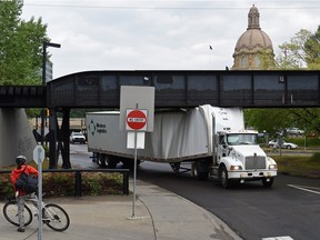 This tractor trailer hung up on the approach to the High Level Bridge in June 2015 is one of countless trucks that has tangled with the bridge over the years, and lost.