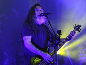 Tom Araya, lead singer for the band Slayer, in concert at the Shaw Conference Centre in Edmonton on March 15, 2016.
