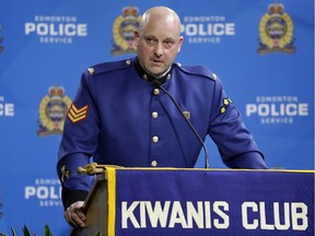 EPS Sgt. Grant Jongejan speaks at police headquarters on March 4, 2016, where he received the Kiwanis Top Cop Award for his volunteer work with Edmonton high school football teams.
