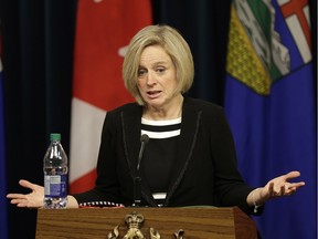 Alberta Premier Rachel Notley speaks at a news conference in the Alberta legislature on March 8, 2016, prior to the reading of the throne speech.
