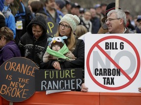 Hundreds of protestors  rallied Monday at the Alberta legislature to protest farm legislation and a carbon tax.