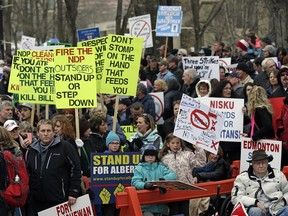 Hundreds of protestors rallied at the Alberta legislature March 8, 2016,  to protest the  government's farm legislation.