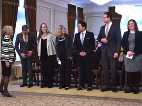 Premier Rachel Notley, pictured with her the new cabinet recruits in February 2016 as they await their oath of office, crafted a cabinet with gender parity. The provincial civil service now needs to work on closing the gender gap in its leadership positions, says the Journal's editorial board.