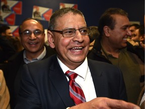 Moe Banga celebrates his win with supporters in the Edmonton Ward 12 byelection on Feb. 22, 2016.