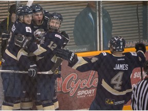 The Spruce Grove Saints celebrate a goal in last year's AJHL North Division semifinal agianst the Sherwood Park Crusaders. This time around, they are being helped out by former Fort McMurray Oil Barons netminder Ravi Dattani helping the cause. (File)