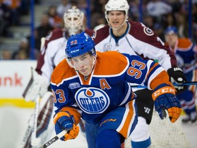 Ryan Nugent-Hopkins (93) of the Edmonton Oilers follows the puck while playing against the Colorado Avalanche at Rexall Place  in Edmonton on March 20, 2016.