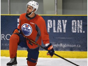 Oilers defenceman Darnell Nurse during practice held at the Leduc Recreation Centre before departing for a out-of-town game. The NHL is reviewing his fight from Tuesday night. Edmonton, March 9, 2016. (ED KAISER/PHOTOGRAPHER)