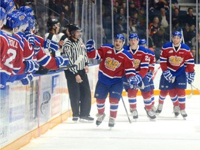 Edmonton Oil Kings celebrate one of Luke Bertolucci's first-period goals against the Medicine Hat Tigers Tuesday in Medicine Hat. (Ryan McCracken, Medicine Hat News)