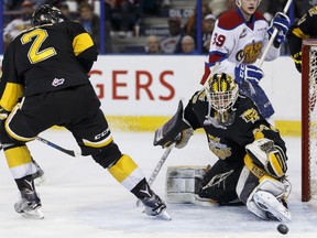 Brandon goaltender Jordan Papirny makes a save during the second period of a WHL playoff game between the Edmonton Oil Kings and the Brandon Wheat Kings in Edmonton, Alta., on Wednesday March 30, 2016.