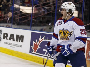 Edmonton's Lane Bauer (25) celebrates a goal on Brandon goaltender Jordan Papirny during the second period of a WHL playoff game between the Edmonton Oil Kings and the Brandon Wheat Kings in Edmonton, Alta., on Wednesday March 30, 2016.