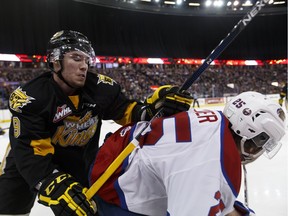 Edmonton's Brandon's during the third period of a WHL playoff game between the Edmonton Oil Kings and the Brandon Wheat Kings in Edmonton, Alta., on Wednesday March 30, 2016. Photo by Ian Kucerak