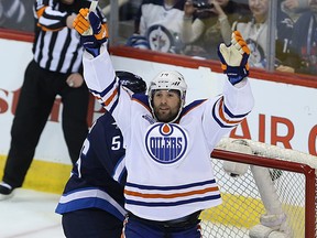 Edmonton Oilers forward Patrick Maroon celebrates his goal against the Jets in Winnipeg on March 6, 2016. The Oilers won 2-1.