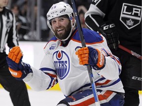 Edmonton Oilers left-wing Patrick Maroon celebrates a goal against the Los Angeles Kings on Saturday, March 26, 2016.