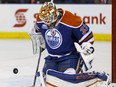 Edmonton's goaltender Cam Talbot (33) makes a save during an NHL game between the Edmonton Oilers and the Anaheim Ducks at Rexall Place in Edmonton, Alta., on Monday March 28, 2016. Photo by Ian Kucerak