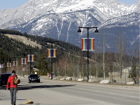Gay pride flags adorn the main street in Jasper to celebrate the Jasper Pride Festival on March 18 to 20, 2016.