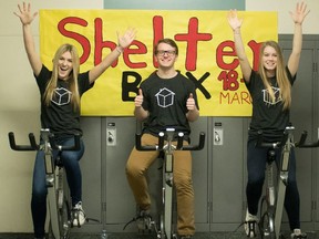 Leadership students heading the Strathcona High School bike-a-thon are Karly Lowe, Sean Janke and Emily McGoey. Some 1,200 students will ride in a 24-hour relay and sleep overnight at the school March 18-19.