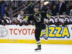 The Edmonton Oil Kings' Aaron Irving (24) celebrates a goal against the Medicine Hat Tigers' during first period WHL action at Rexall Place, in Edmonton Alta. on Friday March 4, 2016. Photo by David Bloom