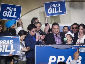 Prab Gill speaks to supporters as he celebrates his byelection win in the Calgary Greenway riding in Calgary on Tuesday, March 22, 2016.