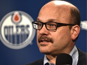 EDMONTON, ALTA: FEBRUARY 28, 2016 -- Oilers GM Peter Chiarelli talking to the media about the player trades that have been made so far, at Rexall Place in Edmonton, February 28, 2016. (ED KAISER/PHOTOGRAPHER)