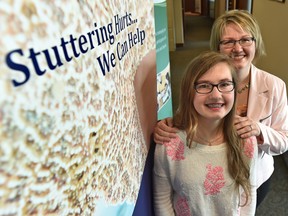 Jaiden Bjarnason, 14, and her mother Michelle after a news conference Tuesday which saw the Alberta Elks Foundation donate $500,000 to the Institute for Stuttering Treatment and Research in Edmonton. Jaiden has greatly benefited from the instititute's program.