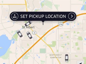 Uber drivers wait for paying customers in St. Albert on the Uber app Tuesday. The service is still available outside Edmonton's city limits.