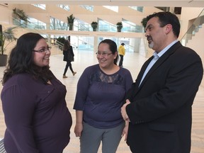 Wicihitowin supporters speak after Monday's council committee meeting. From left to right, chair womanof the board Aretha Greatrix, board member Sara Cardinal and interim chief executive Sheldon Hughes.