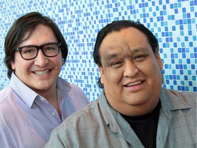 Sheldon Elter, left, and Howie Miller star in the APTN sitcom, Delmer & Marta, which premieres at 10 p.m. March 9, 2016. The series, about a small-town TV station, is shot in an around Edmonton.