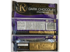 The Canadian Food Inspection Agency has issued a recall warning for Ross Chocolates' brand No Sugar Added Dark Chocolate because they may contain milk which isn't declared on the label.