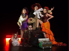 From left: Mochi, Annie Dugan with Berri, (seated) Jason Kodie, Ross Travis, and Stephanie Gruson in Firefly Theatre's Panache.