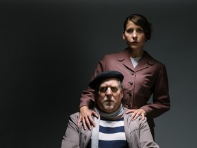 Alana Hawley as Miss Fischer and Julien Arnold as Pablo Picasso in A Picasso, playing at the Backstage Theatre, Thursday, March 17 to Sunday, April 3.