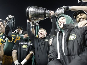 WINNIPEG, CANADA - NOVEMBER 29: Edmonton Eskimos head coach Chris Jones celebrating after winning Grey Cup 103 against the Ottawa Redblacks at Investors Group Field on November 29, 2015 in Winnipeg, Manitoba, Canada.