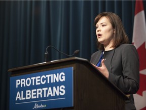 Alberta Justice Minister Kathleen Ganley speaks to reporters about the results of a review of the bail hearing system at the McDougall Centre in Calgary on Friday April 29, 2016.