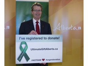 Liberal interim leader David Swann after registering with the Alberta Organ and Tissue Donation Registry during National Organ and Tissue Donation Awareness Week on April 20, 2016.