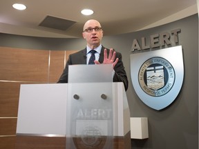 Staff Sergeant Paul Czerwonka, of the internet child exploitation unit, announces the apprehension of a Bonnyville man accused of distributing child pornography at the Alberta Law Enforcement Response Teams (ALERT) West Campus in Edmonton on Wednesday, April 13, 2016.