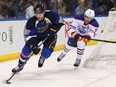 Alex Pietrangelo of St. Louis Blues is pursued by Edmonton's Taylor Hall. Might the Oilers themselves pursue Pietrangelo this summer?