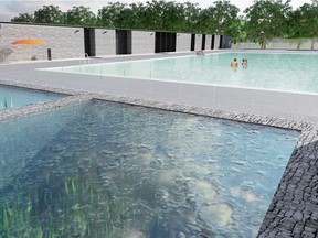 The revised "Natural Swim Experience" planned for Edmonton's Borden Park is show in an artist's rendering. Toronto architects gh3 had to go back to the drawing board after estimates for their first design came in more than 100 per cent over budget. The pool is now expected to open in the summer of 2017.