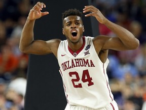 Buddy Hield of the Oklahoma Sooners reacts in the second half against the Villanova Wildcats during the NCAA Men's Final Four Semifinal at NRG Stadium on April 2, 2016, in Houston, Texas.