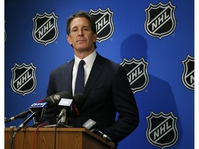 Brendan Shanahan of the Toronto Maple Leafs speaks to the media about getting the 1nd spot in the 2016 NHL Draft Lottery in Toronto on Sunday May 1, 2016. Jack Boland/Toronto Sun/Postmedia Network